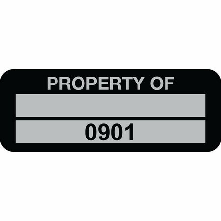 LUSTRE-CAL Property ID Label PROPERTY OF 5 Alum Black 2in x 0.75in 1 Blank Pad & Serialized 0901-1000, 100PK 253740Ma2K0901